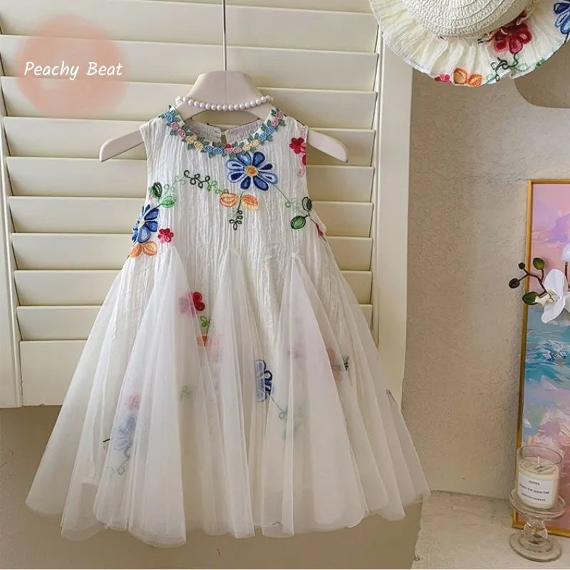 Baby Girl Princess Floral Embroidery Dress Toddler Child Elegant Ruffled Vestido Party Birthday Dress Summer Baby Clothes 1-12Y