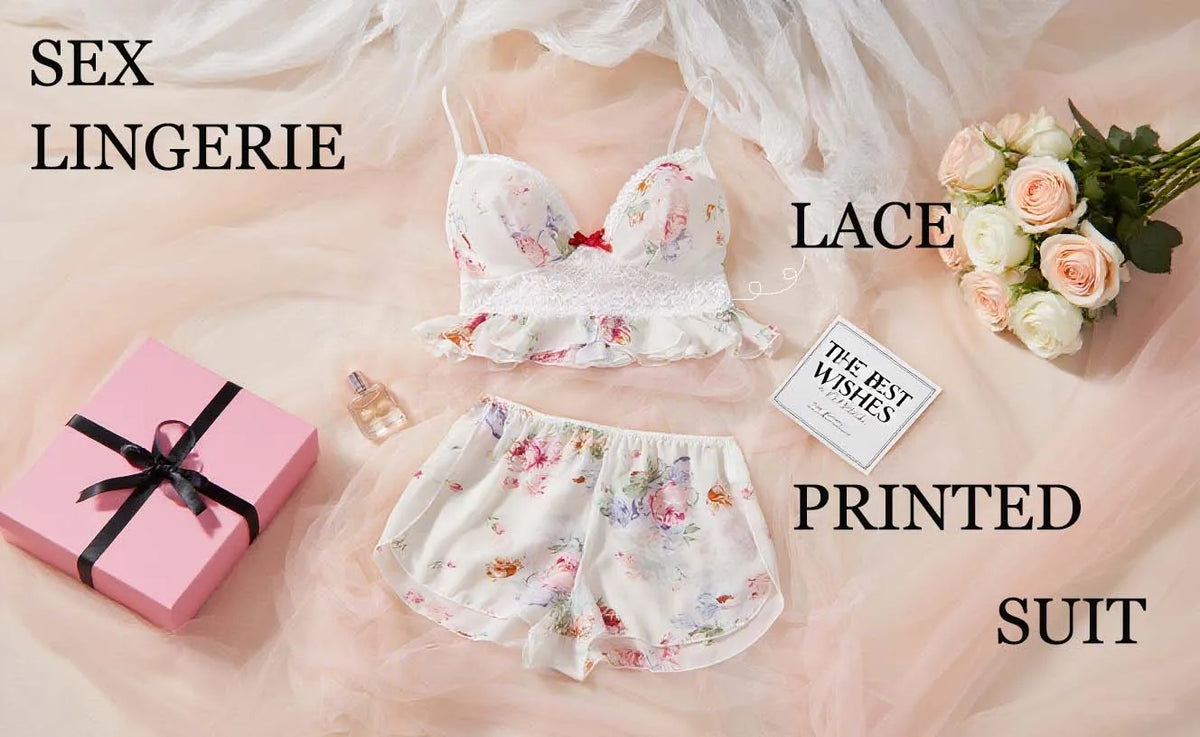Plus Size Floral Lingerie Set - Chiffon Camisole with Lace Trim, Ruffled Shorts, Romantic Flower Print, Soft & Breathable. sexy