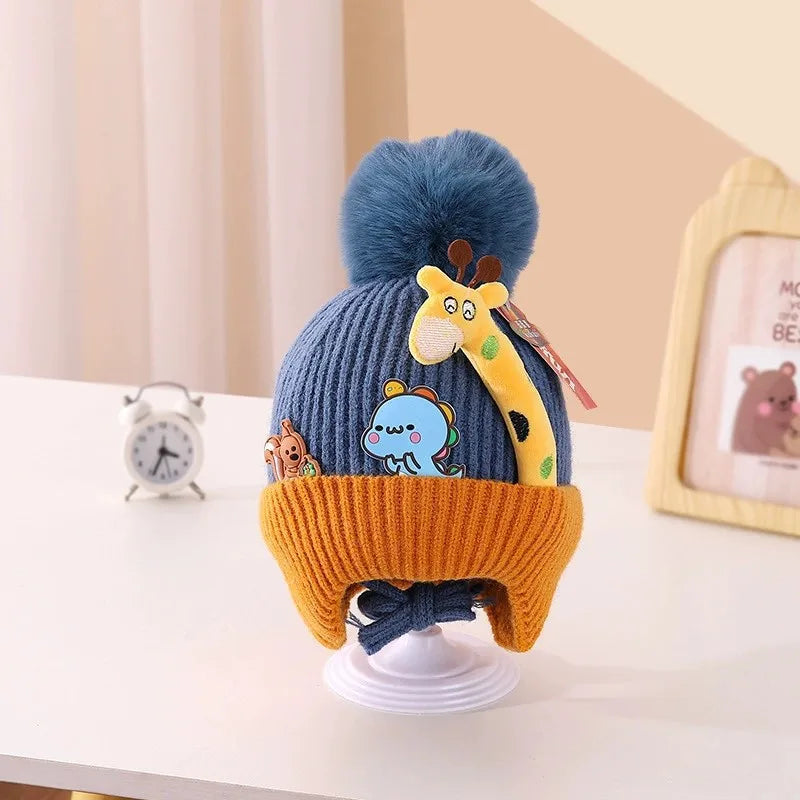 Cartoon Giraffe Baby Knitted Hat Thickened Lining Wool Hat Warm Winter Hat with Ear Protection Cold Resistant Baby Headwear