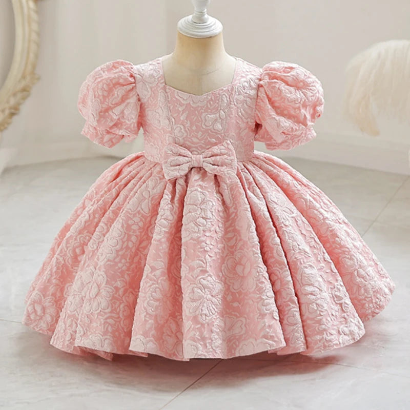 New Bubble Sleeve Girl's First Year Dress Wedding Flower Girl's Birthday Dress Bowknot Sweet Lovely Puffy Dress