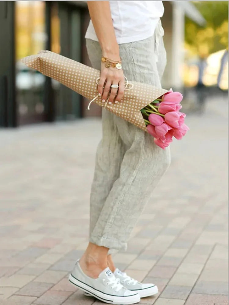 Autumn Cotton Women's Pants  Black Drawstring Elastic Waist Casual Pants Female Loose Fashion Elegant Ladies Bottom