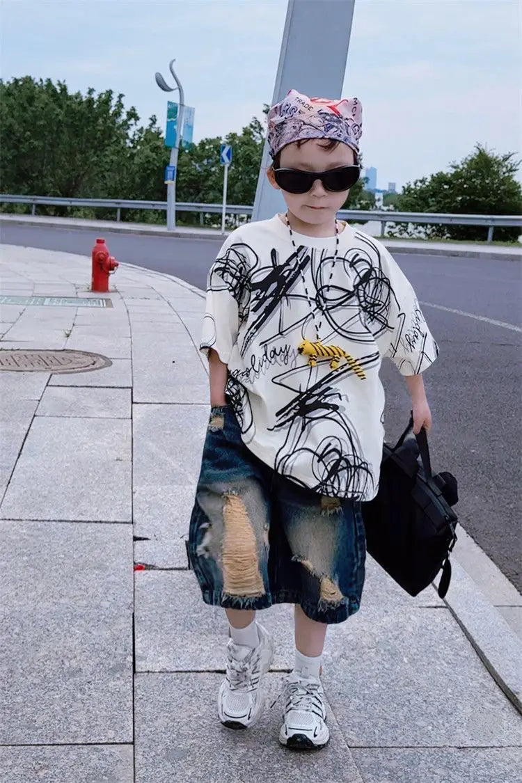 Summer children boys fashion casual T shirt hole jeans sets suits