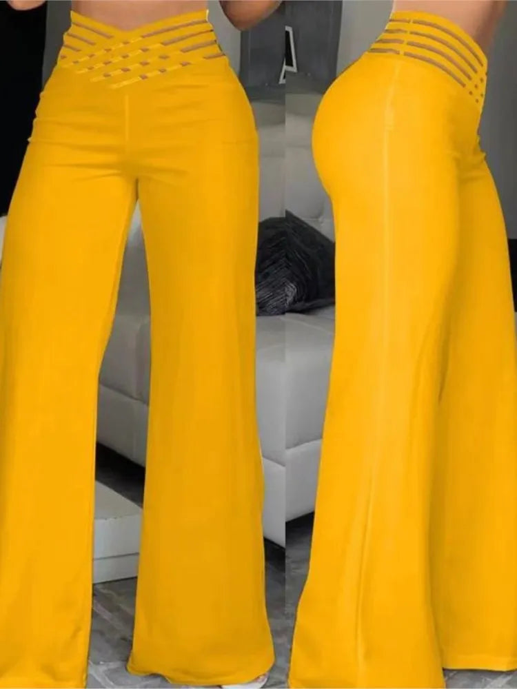 Women Wide Leg Flared Pants  Spring Casual Crisscross Sheer Mesh Patch High Waist Trousers Y2k Streetwear Elegant Work Pant