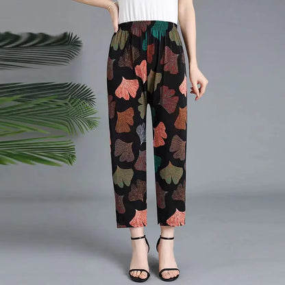 High Waist Floral Pants Straight Leg Home Leisure Women's plus Size High Elasticity Air Conditioning Pants Casual Trousers