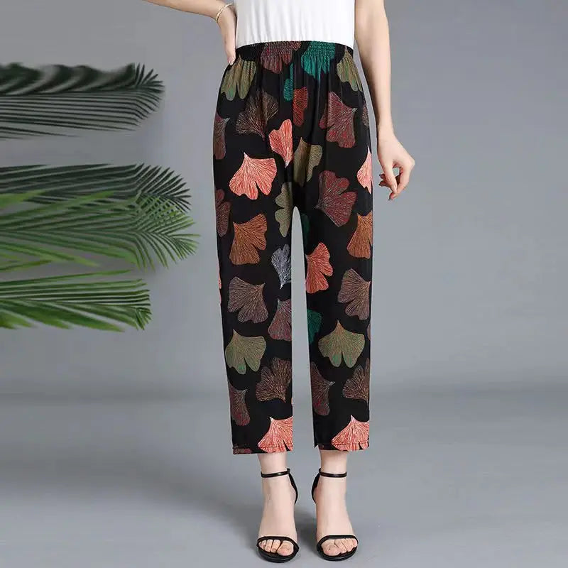 Summer Ladies Ice Silk Loose Casual Home Pants Elastic plus Size Mom Square Sports High Waist Straight Leg Length Nine Points