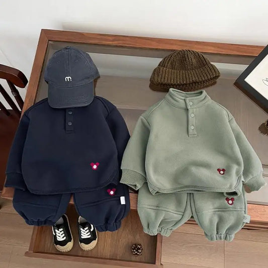 2024 Winter New Baby Boys Fleece Sweatshirt + Sweat Pants 2pcs Suit Infant Plus Velvet Thick Clothes Set Toddler Warm Outfits