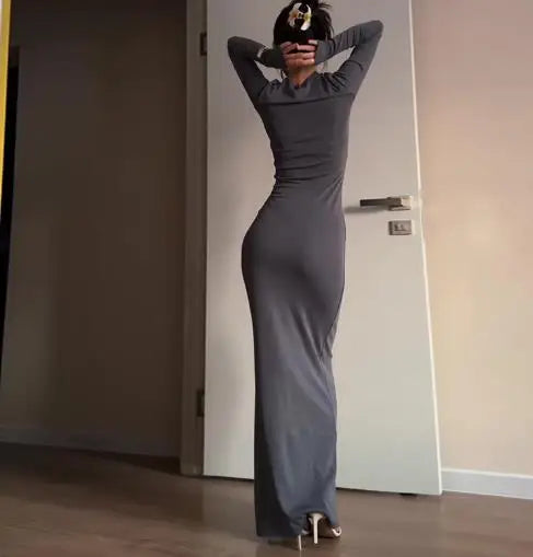 Womens Dresses  Spring Autumn New Fashion Sexy Skinny Hip Hugging Comfortable Solid Color Casual Round Neck Long Dress