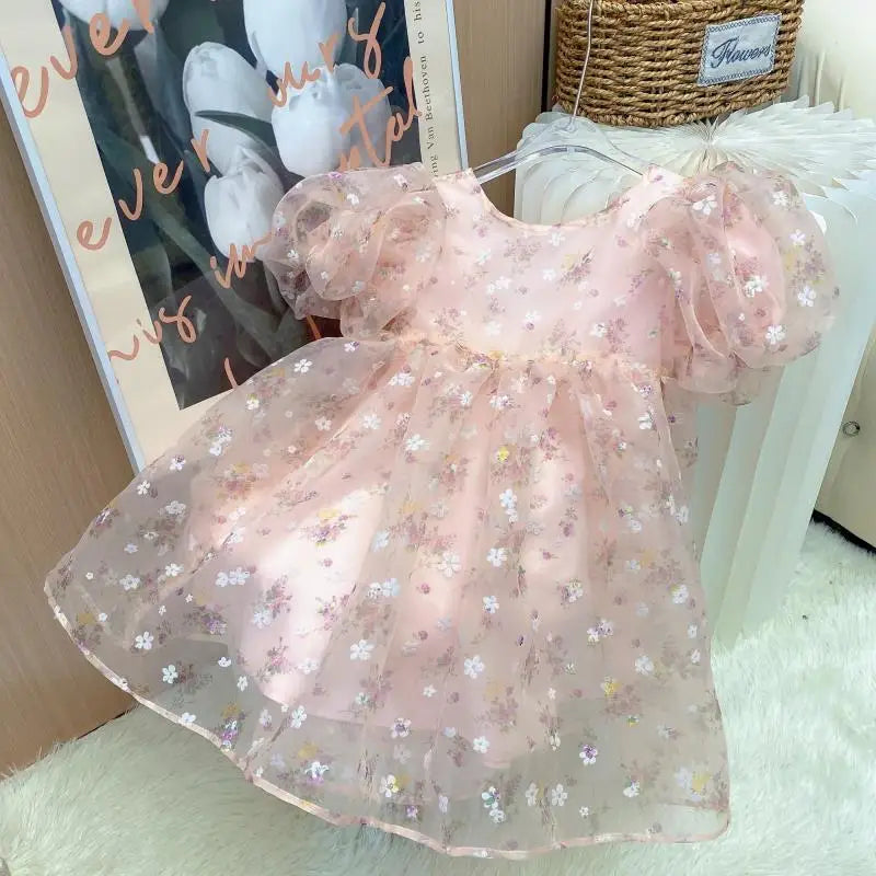 Girls Flower Sweet Gentle Pink Princess Skirt Childrens Ball Gown Puff Sleeve Dress