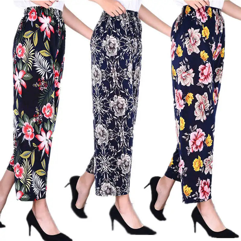High Waist Floral Pants Straight Leg Home Leisure Women's plus Size High Elasticity Air Conditioning Pants Casual Trousers