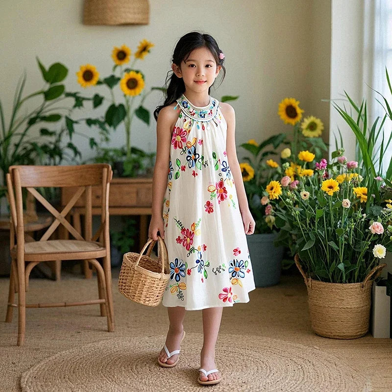 Girls Sequin Floral Collar Princess Dress Summer Fashion Flowers Print Girls Clothes Round Neck Solid Color Kids Costume