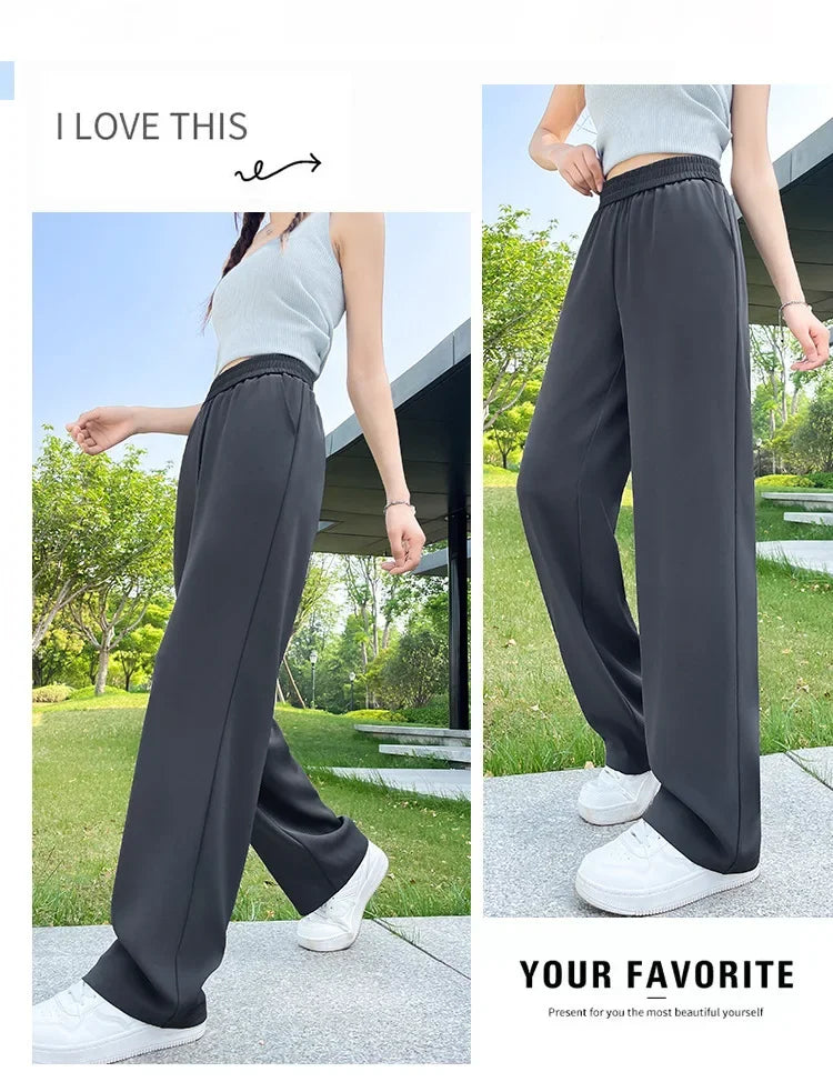 Slim Wide Leg Pants High Waist Drapey Thin Ice Silk Grey Small Size Straight Cut Women's Summer Trousers Long Pants