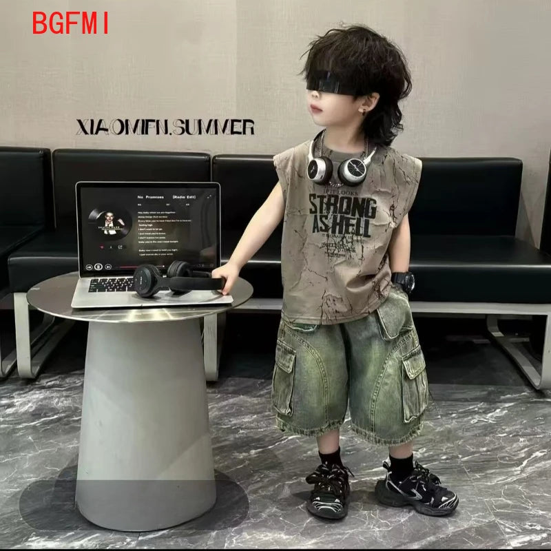 Kids Boy New Outfit Set Korean Children's Summer Clothing Denim Shorts +Thin Tie Dye Vest Sleeveless T-shirt 2-piece Set