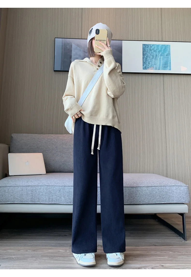 Women Wide Leg Corduroy Pants Autumn Winter Women Basic Elastic Waist Stright Long Pants Casual Female Long Pants Trousers