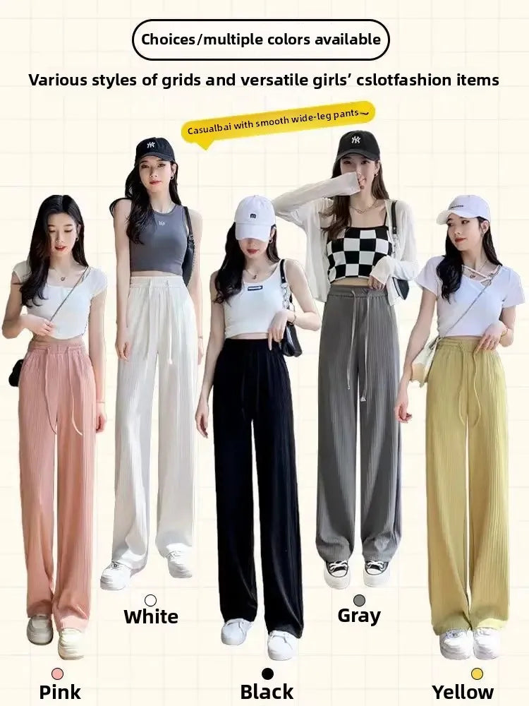 Ice Silk Wide Leg Pants Women's Summer Thin Narrow Version 145 Small Size Drape Straight High Waist Stripe Casual Trousers 150
