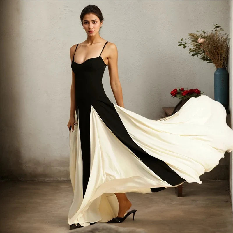 Sexy Sleeveless Women's Slip Dresses Elegant Contrast Color Spaghetti Straps Backless Long Dress Fashion Luxury Party Vestidos
