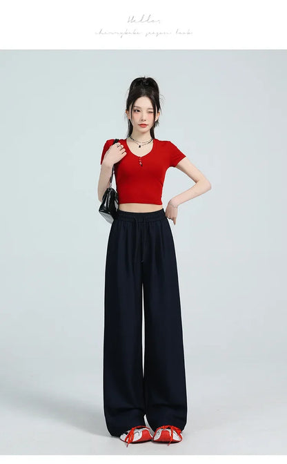 White Ice Silk Wide Leg Pants Women's Summer Thin High Waist Slimming Casual Versatile Elastic Waist Draped Straight Leg Trouser