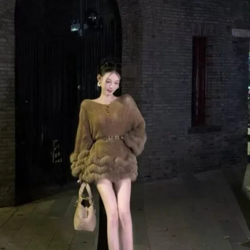 Western Style Dress Women's Sports Outdoor Sweater Furry Hem