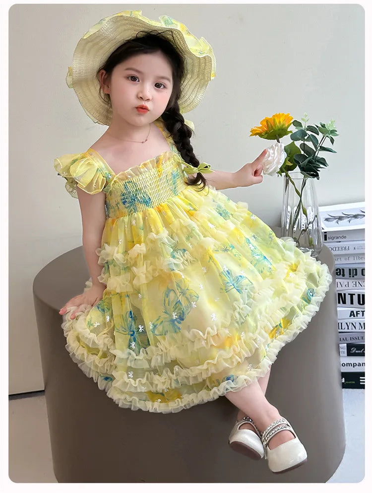 Girl Summer Mesh Dress Doll Baby  Kids Back Butterfly Flower Suspender Princess Dress Fashion Casual