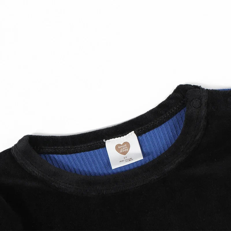 Boys pajama set blue black top and pants kids clothes for boy and girl clothing round neck winter season front velour back rib