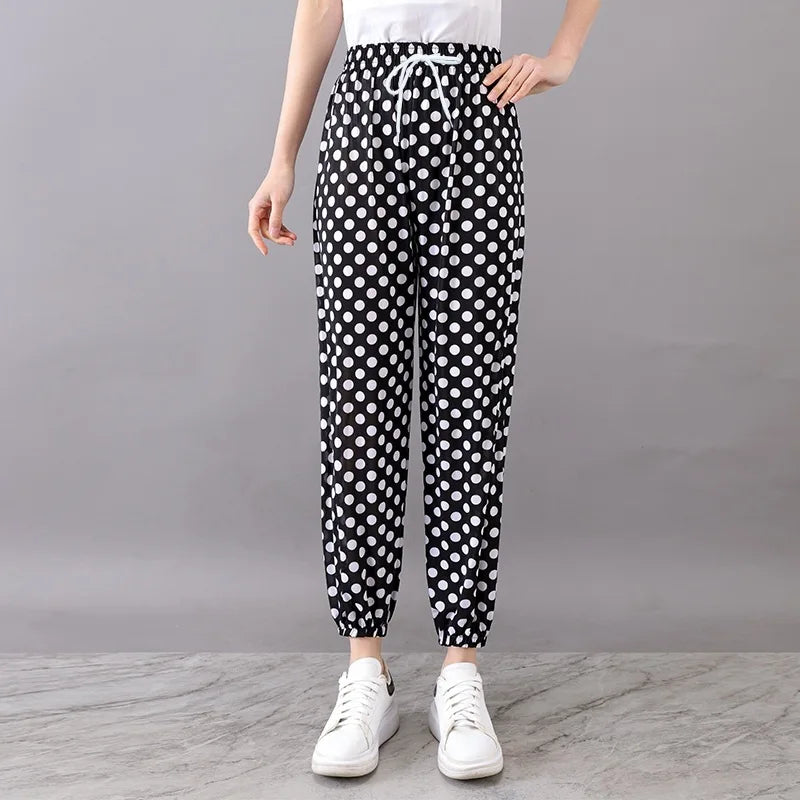 Summer Ladies Ice Silk Loose Casual Home Pants Elastic plus Size Mom Square Sports High Waist Straight Leg Length Nine Points