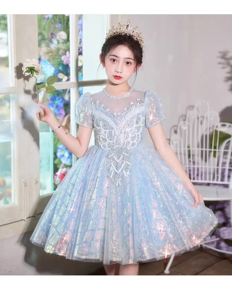 Party Dress Blue Girls Puffy Princess Dresses New Kids Gown Birthday Host Piano Recital Outfit Pageant Performance Formal Wear