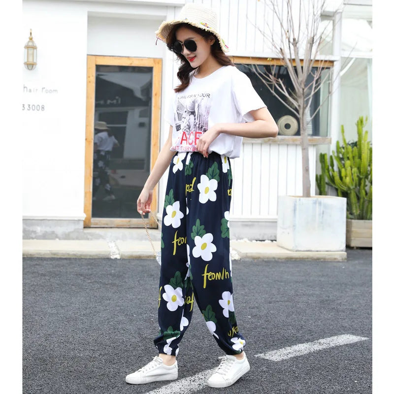 Women's Mosquito-proof Cotton Silk Beach Summer Casual Flower Pants Artificial Cotton Summer Sleeping Pants Thin Adult Bloomers
