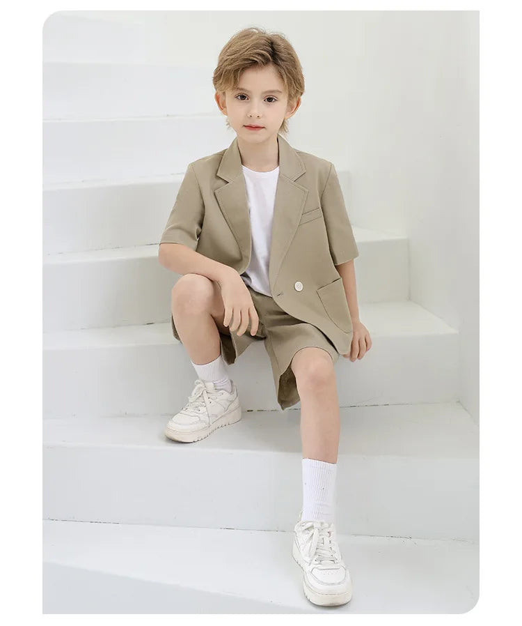 Kids Summer Short-Sleeved Wedding Suit Set Boys Blazer Pants Outfit Children's Piano Host Speech Performance Costume