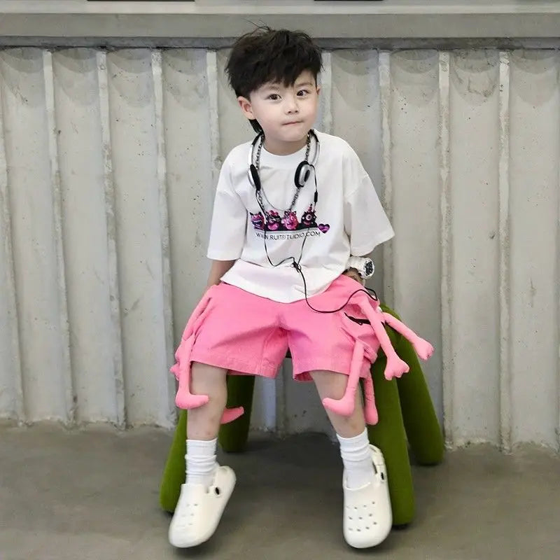 Korean Kids Clothes Boys' Summer Female Child Clothes Children's Printed Cotton Short Sleeved T-shirt Shorts 2piece Sports Set