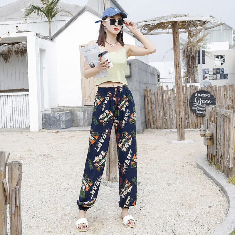 Women's Mosquito-proof Cotton Silk Beach Summer Casual Flower Pants Artificial Cotton Summer Sleeping Pants Thin Adult Bloomers