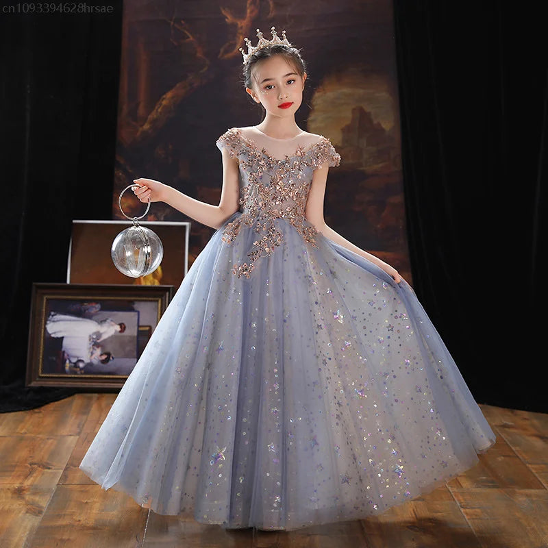 Evening Gown Girls Princess Puffy Tulle Piano Performance Outfit Flower Wedding Dress Children's High-End Host Clothing
