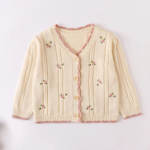 Winter Spring Baby Knitted Clothing Long Sleeved Floral Embroidery Knitting Coat Newborn Baby Girls Knitting Cardigan Sweater (Available)