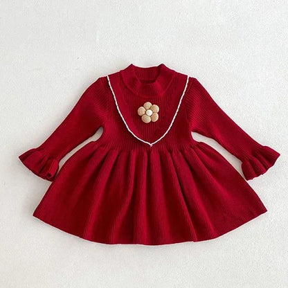 2024 New Autumn Kids Princess Dresses Long Sleeved Knitted Splicing Baby Girl Knitting Party Dress Children Knitting Clothes
