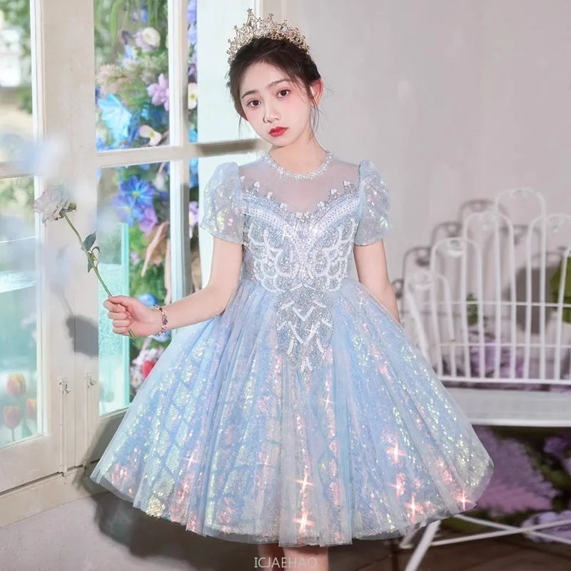 Party Dress Blue Girls Puffy Princess Dresses New Kids Gown Birthday Host Piano Recital Outfit Pageant Performance Formal Wear