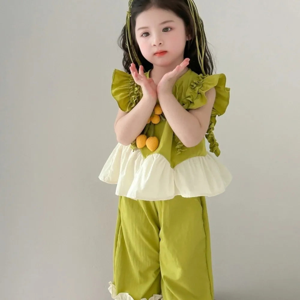 Summer Girls Fashion Cute Sleeveless O-Neck Flower Decoration Top + Pant 2 Pcs Set  Kids Casual Clothes Korean Version