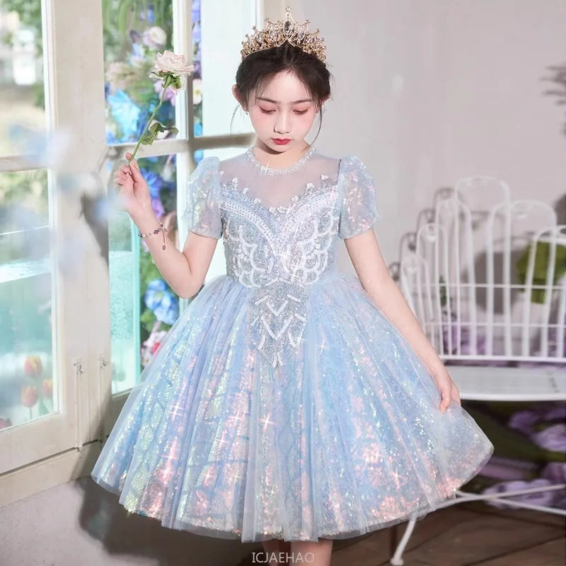 Party Dress Blue Girls Puffy Princess Dresses New Kids Gown Birthday Host Piano Recital Outfit Pageant Performance Formal Wear