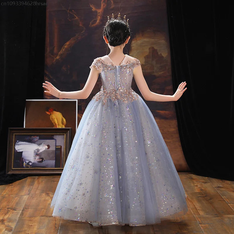 Evening Gown Girls Princess Puffy Tulle Piano Performance Outfit Flower Wedding Dress Children's High-End Host Clothing