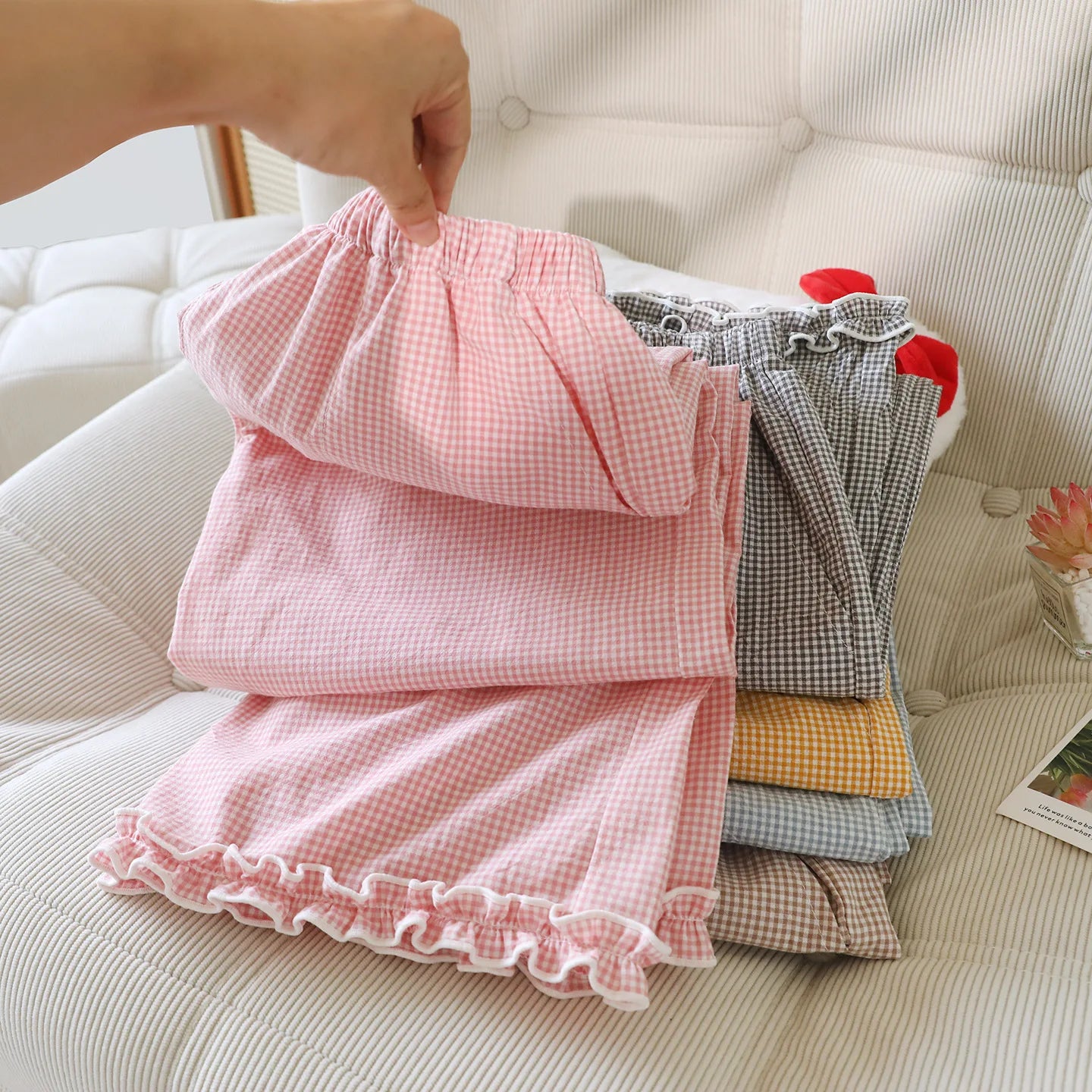 Spring and Summer Thin Loose Size Plaid Design Women's Pajama Pants Elastic Waist Casual Homewear Women Nine-point Trousers