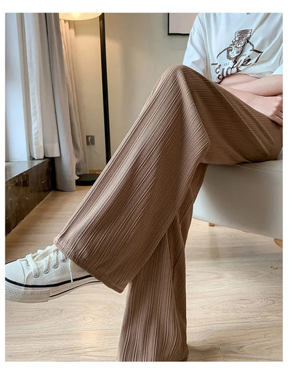 Korea Dongdaemun Ice Silk Wide-leg Pants Women's Thin Slimming Floor Pants White Striped Pants Y2K Fashion Pants Baggy
