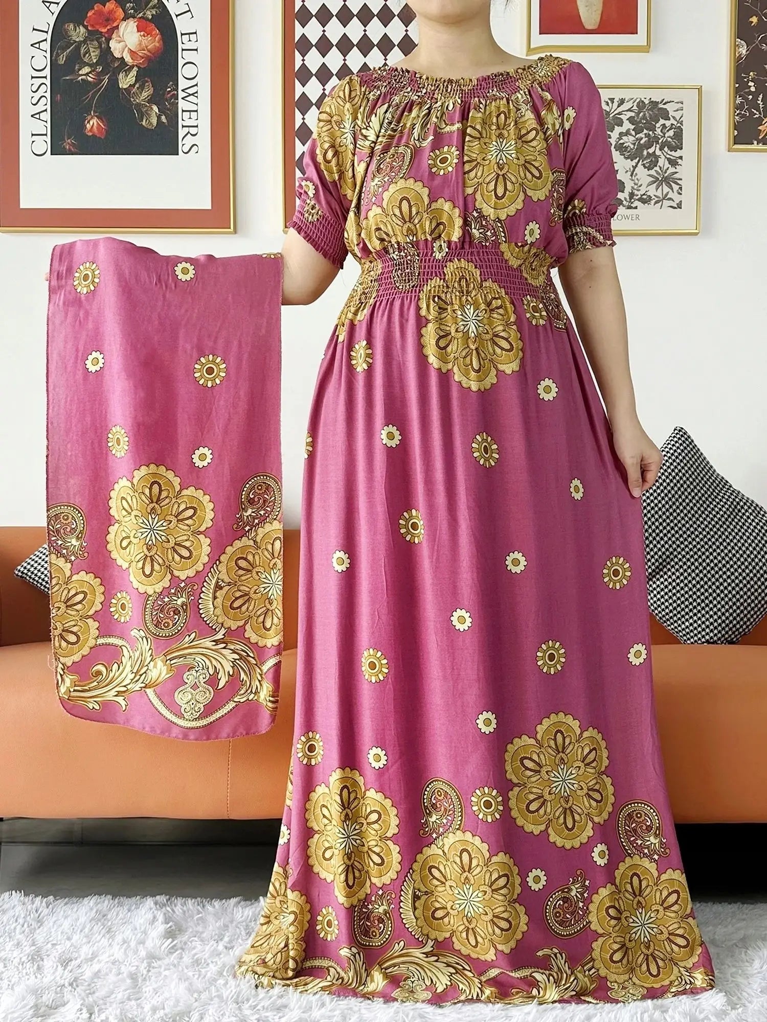 Women Party Dress Muslim Summer Short Sleeve Long Dress Collect Waist Floral Boubou Maxi Islam Women Dress African Abaya Clothes