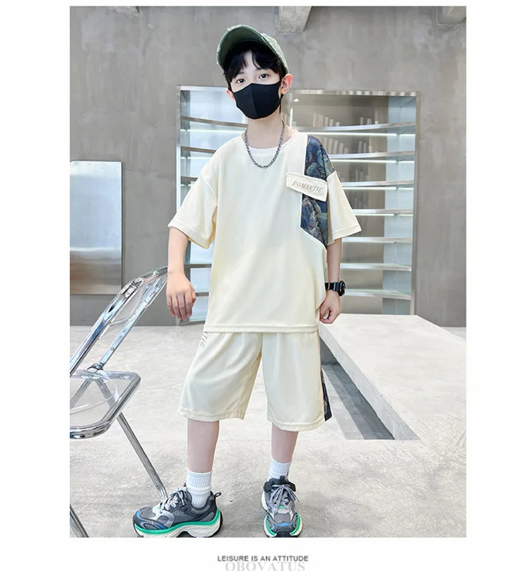 Boys Summer Suit Kids Short Sleeve T-Shirt Sports Casual Outfits for Teenage Boy Clothing Sets With Cartoon Bear