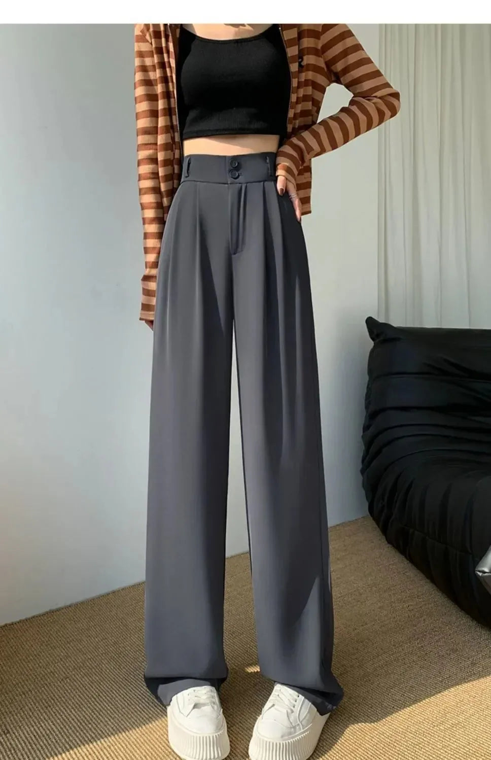 Elegant Wide Leg Pants Women Korean Style High Waist Black Baggy Pants Office Ladies Fashion Loose Suit Trousers Streetwear