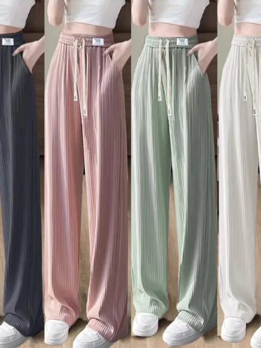 Ice Silk Wide Leg Pants Women's Summer Thin Hanging Sense Small Casual Summer Cool Straight Tube Pants High Waist Nine Points