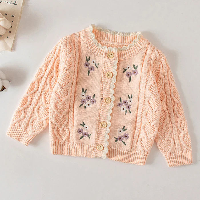 Winter Spring Baby Knitted Clothing Long Sleeved Floral Embroidery Knitting Coat Newborn Baby Girls Knitting Cardigan Sweater (Available)