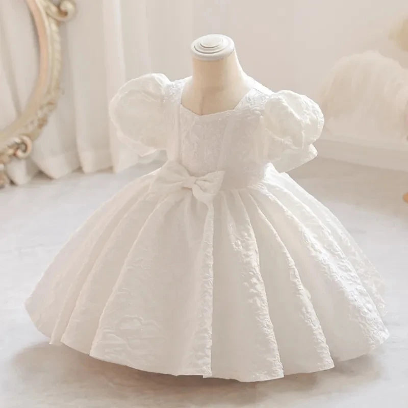 New Bubble Sleeve Girl's First Year Dress Wedding Flower Girl's Birthday Dress Bowknot Sweet Lovely Puffy Dress