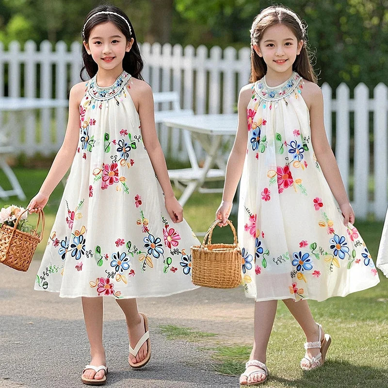 Girls Sequin Floral Collar Princess Dress Summer Fashion Flowers Print Girls Clothes Round Neck Solid Color Kids Costume