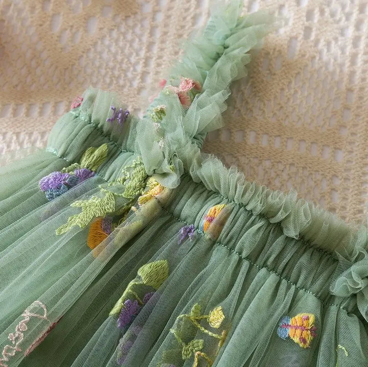Summer New Sweet Girls' Little Sling Dress Children's Bow Floral Embroidery Mesh Tutu Princess Dress Baby Girl Dress