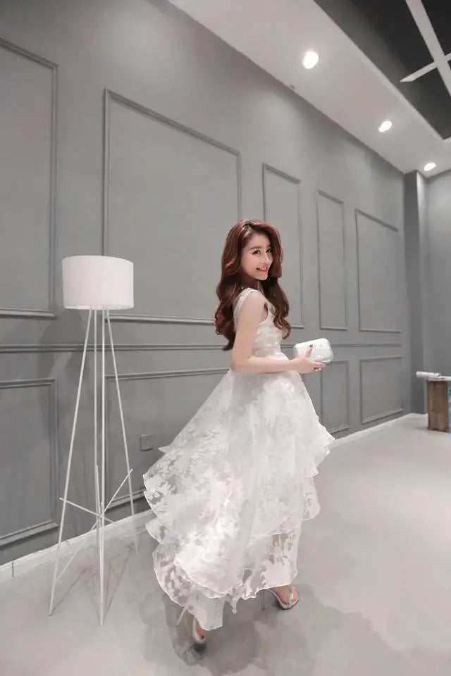 Summer High Low Retro Dress Vintage Women Sleeveless Front Back Short Long Organza Lace Dress Ladies Elegant Party Dress