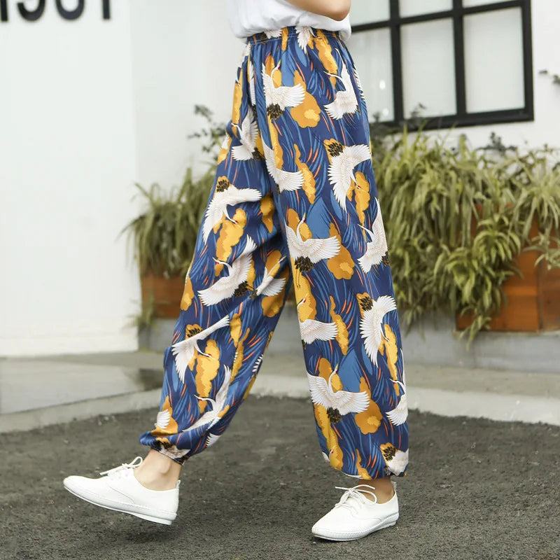 Women's Mosquito-proof Cotton Silk Beach Summer Casual Flower Pants Artificial Cotton Summer Sleeping Pants Thin Adult Bloomers