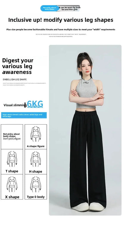 White Ice Silk Wide Leg Pants Women's Summer Thin High Waist Slimming Casual Versatile Elastic Waist Draped Straight Leg Trouser