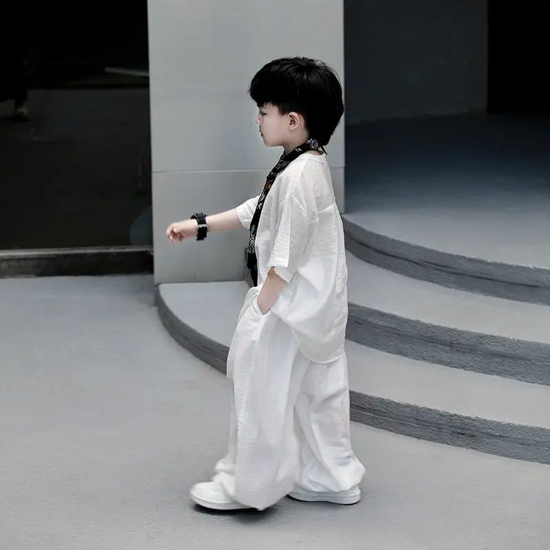 Chinese Style Teenage 2Pcs Set Ultrathin Kids Boy Spring Summer T shirt Top + Pant Casual Teen Boy Clothing Children's Costume